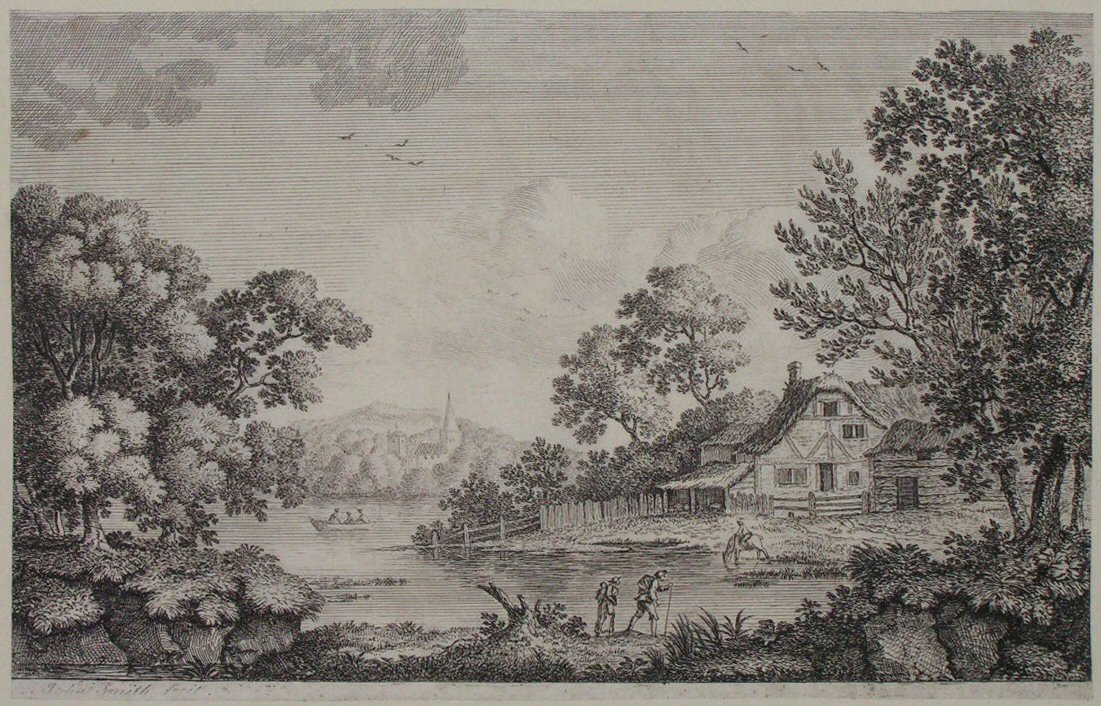 Print - (River landscape with half timbeed cottage and church in background) - Smith