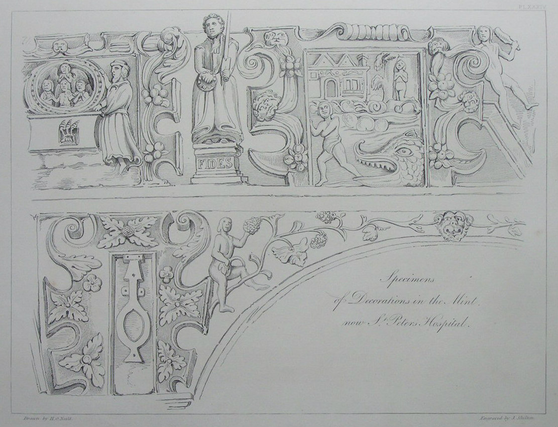 Etching - Specimens of Decorations in the Mint, now St. Peter's Hospital. - Skelton