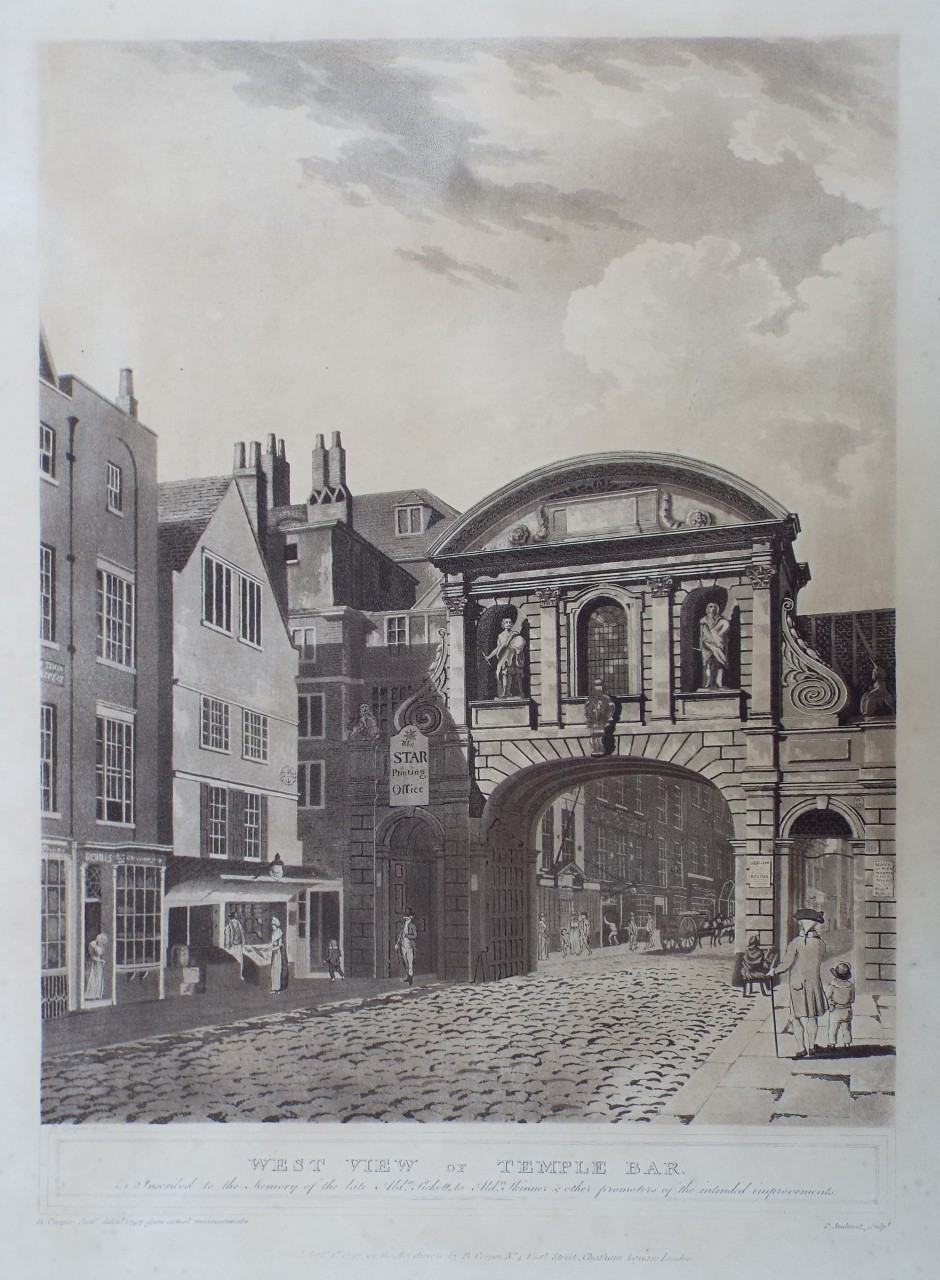Aquatint - West View of Temple Bar. - Audinet