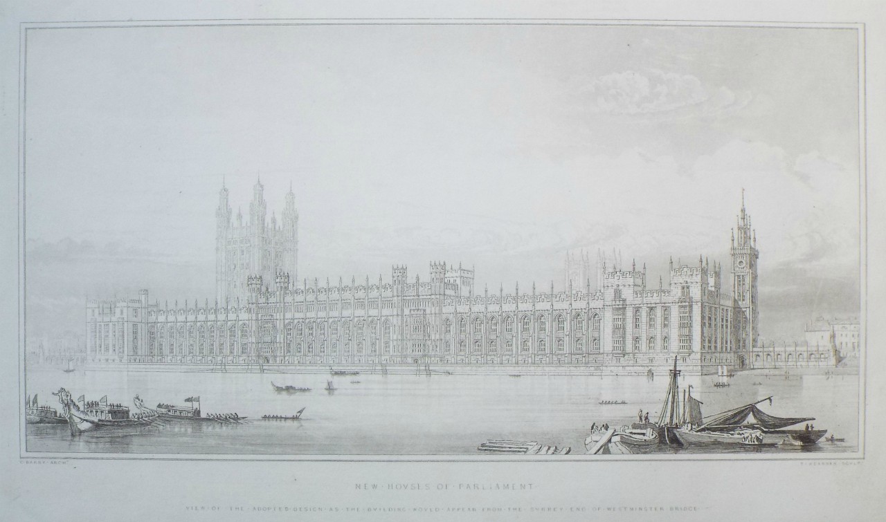 Print - The New Houses of Parliament.
View of the Adopted Design as the Building would appear from the Surry end of Westminster Bridge. - Kearnan