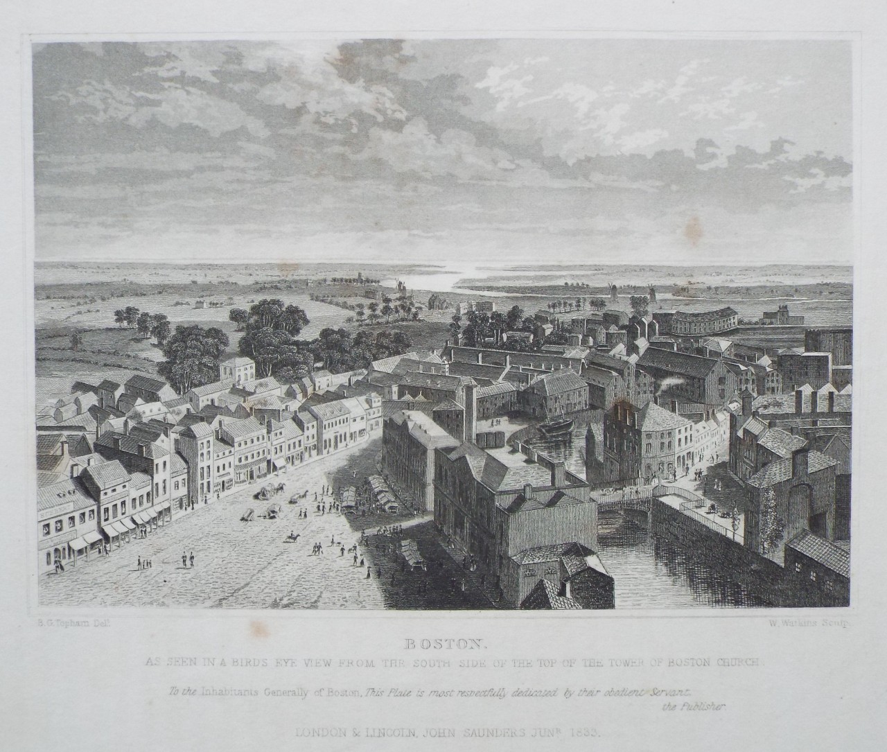 Print - Boston as seen in a Birds Eye View from the South side of the Top of the Tower of Boston Church. - Watkins
