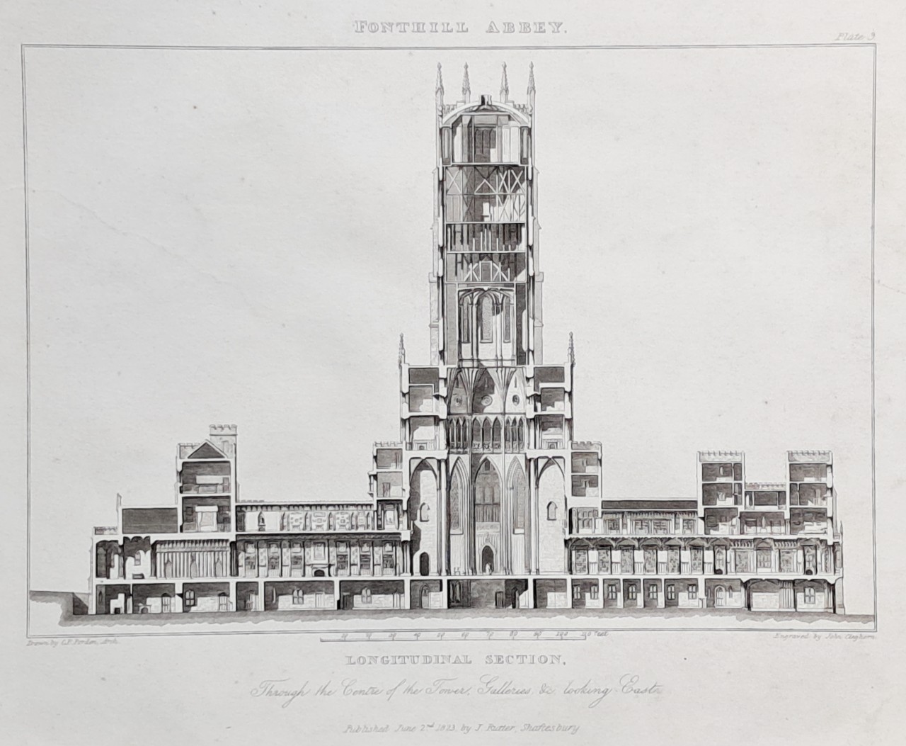 Print - Fonthill Abbey. Longitudinal Section. - Cleghorn