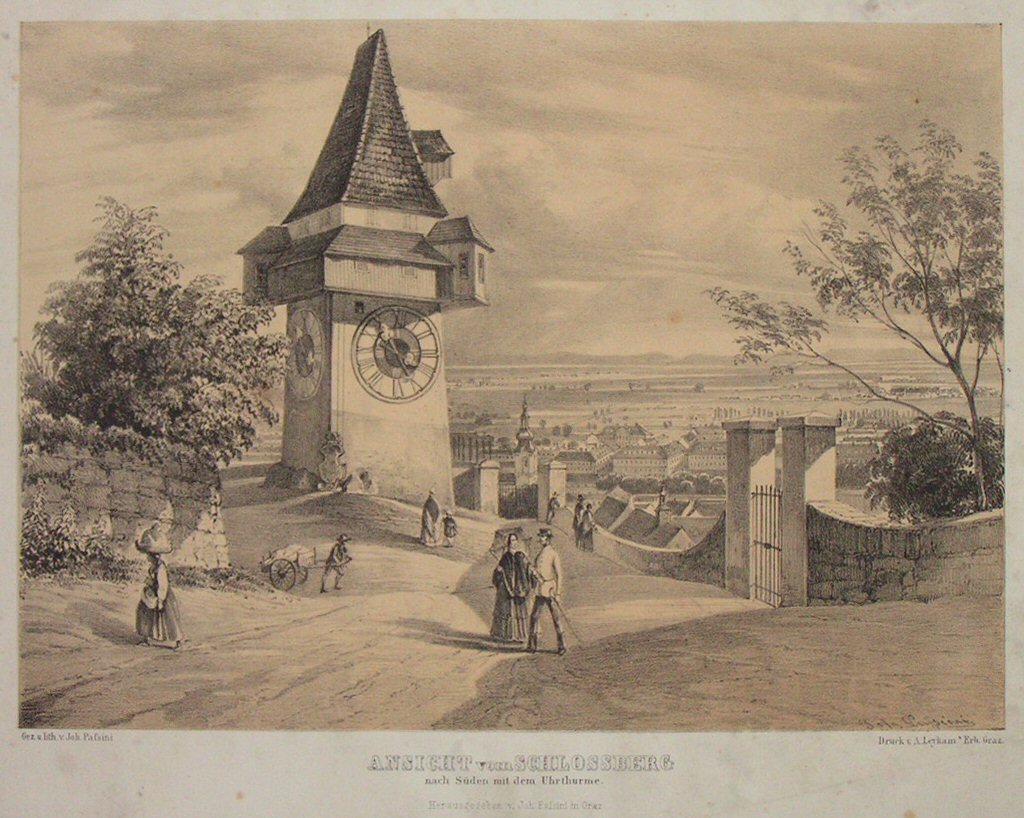 Lithograph - Ansicht vom Schlossberg nach Suden mit dem Uhrthurme