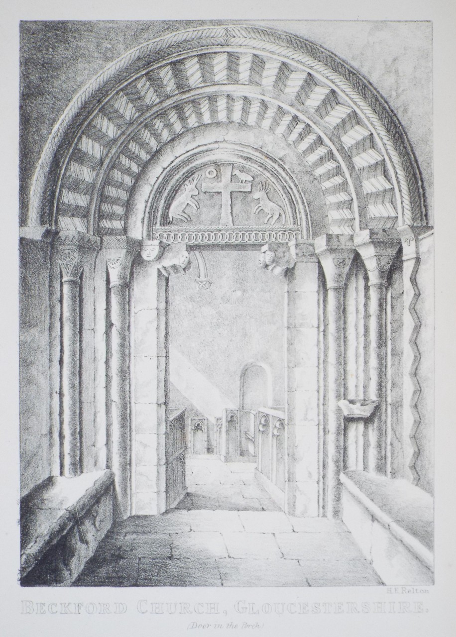 Zinc Lithograph - Beckford Church, Gloucestershire. (Door in the Porch) - Relton