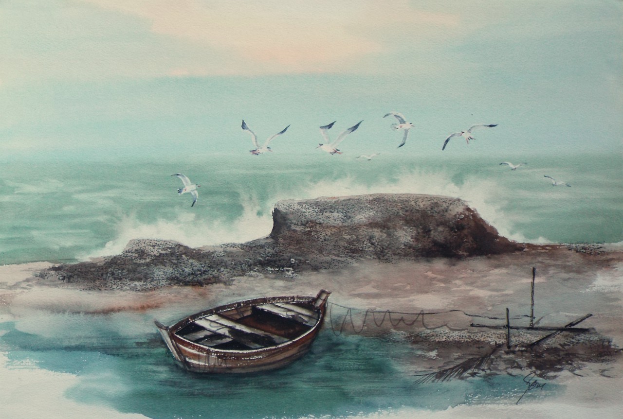 Watercolour - Oriental coastal landscape