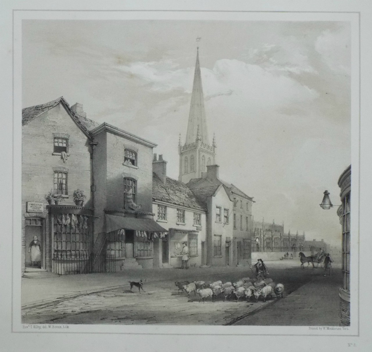Lithograph - (Wakefield - South-West View of the Parish Church, from the Eastern Extremities of Westgate) - Bevan