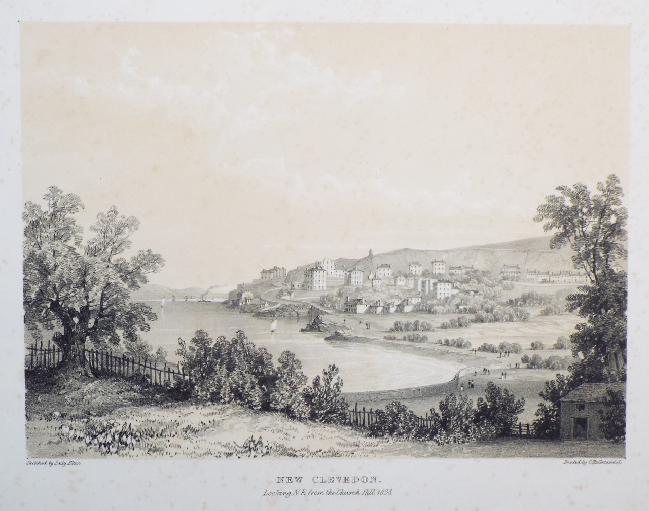 Lithograph - New Clevedon. Looking N E from the Church Hill 1838.