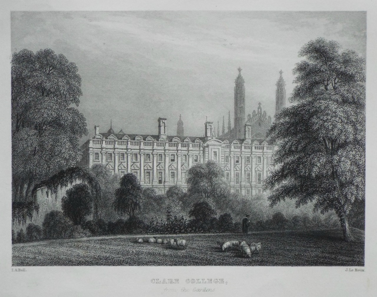 Print - Clare College, from the Gardens. - Le
