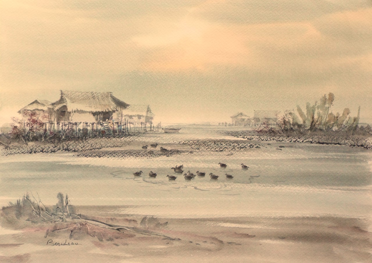 Watercolour - Oriental coastal landscape