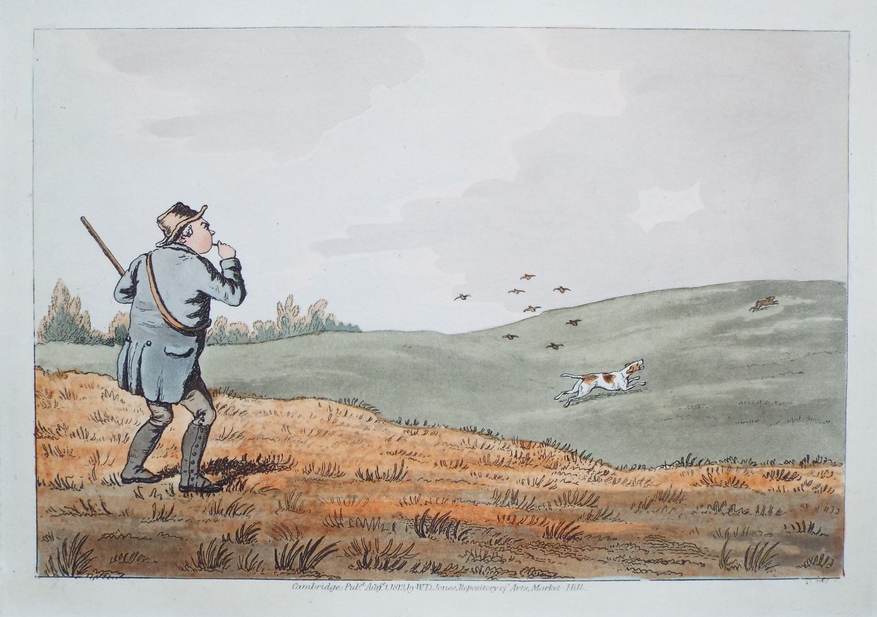 Aquatint - Sportsman raising right arm; dogs approaching wounded bird. - Woodman