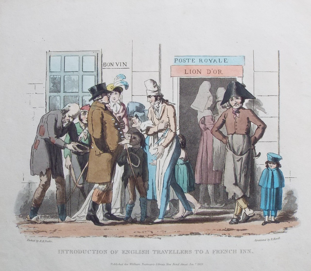 Aquatint - Introduction of English Travellers to a French Inn. - Havell
