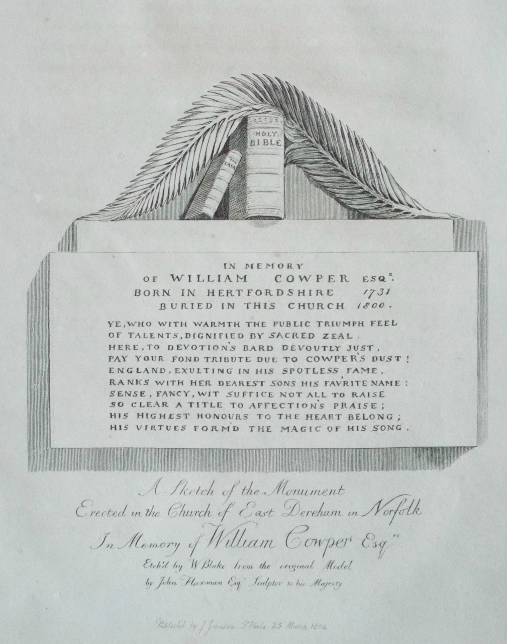 Print - A Sketch of the Monument Erected in the Church of East Dereham in Norfolk In Memory of William Cowper Esqr. - Blake
