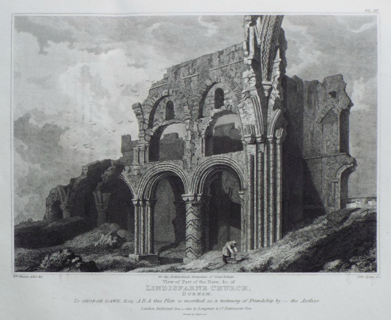 Print - View of Part of the Nave, &c. of Lindisfarne Church, Durham. - Byrne