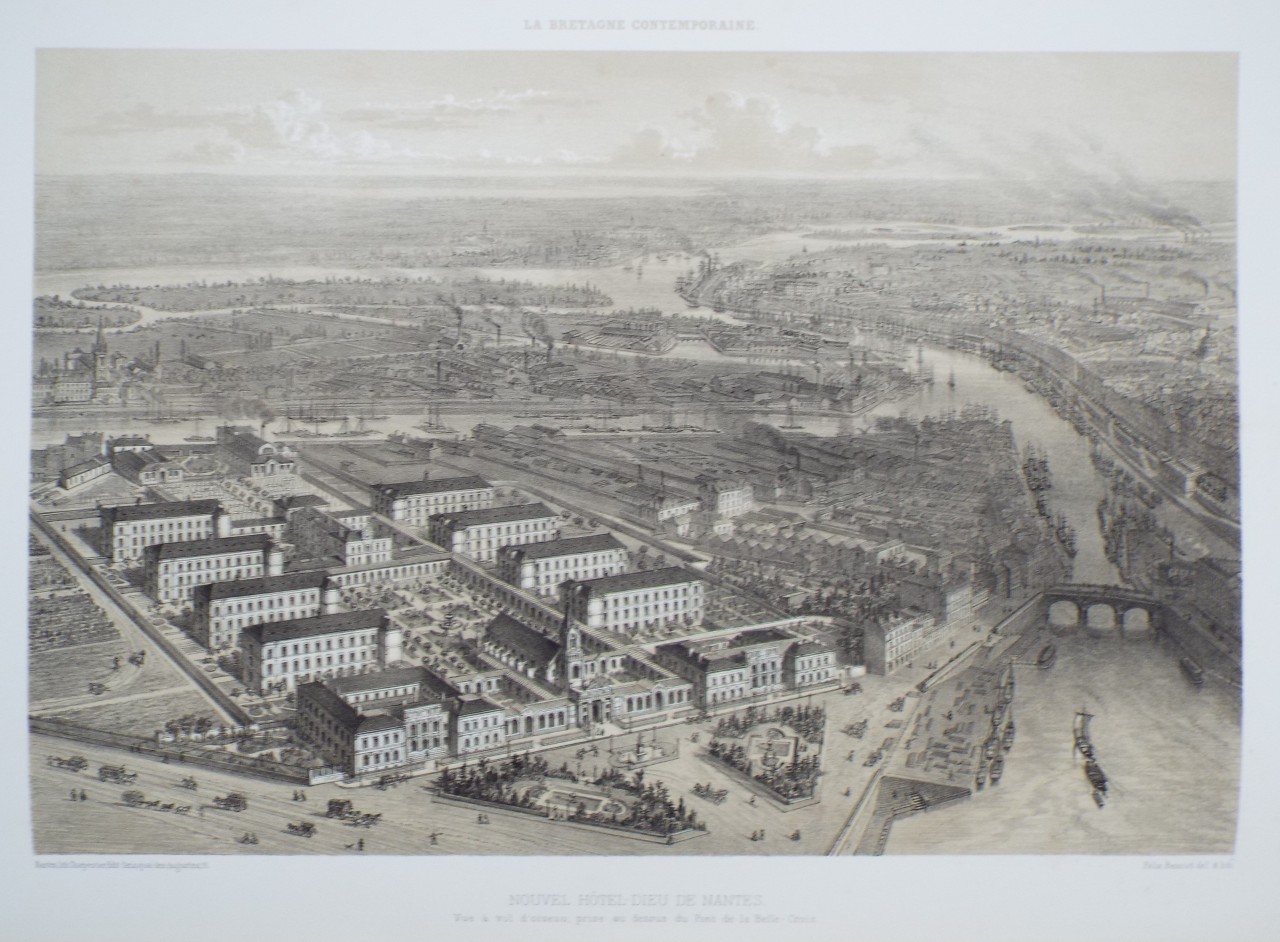 Lithograph - Nouvel Hotel-Dieu de Nantes (Loire-Inferieure) Vue a vol d'oiseau pris au dessus du Pont de la Belle-Crox - Benoist