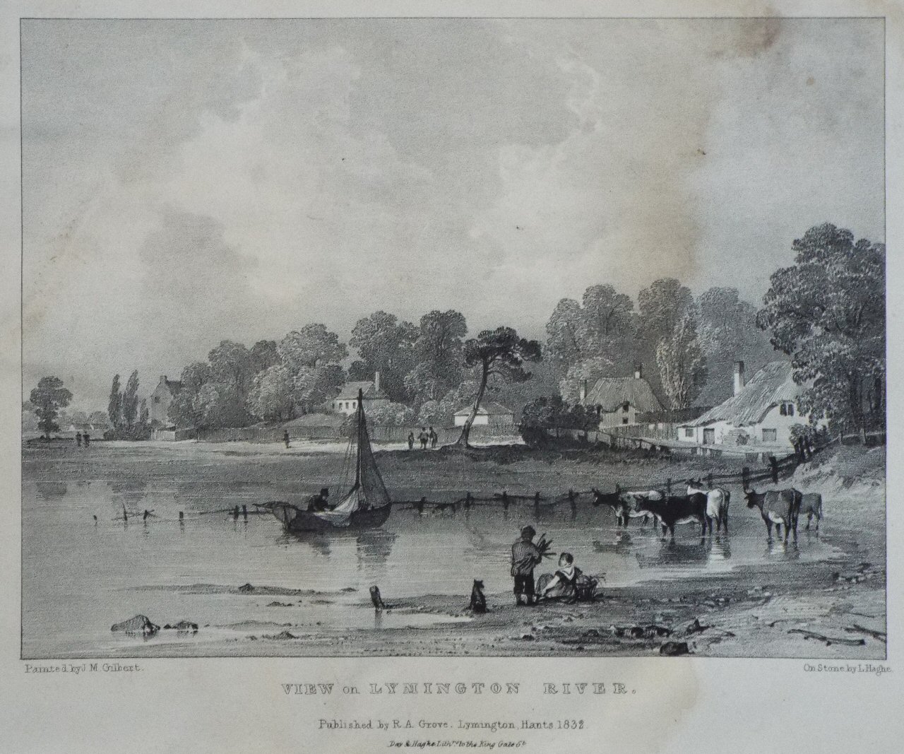 Lithograph - View of Lymington River. - Haghe