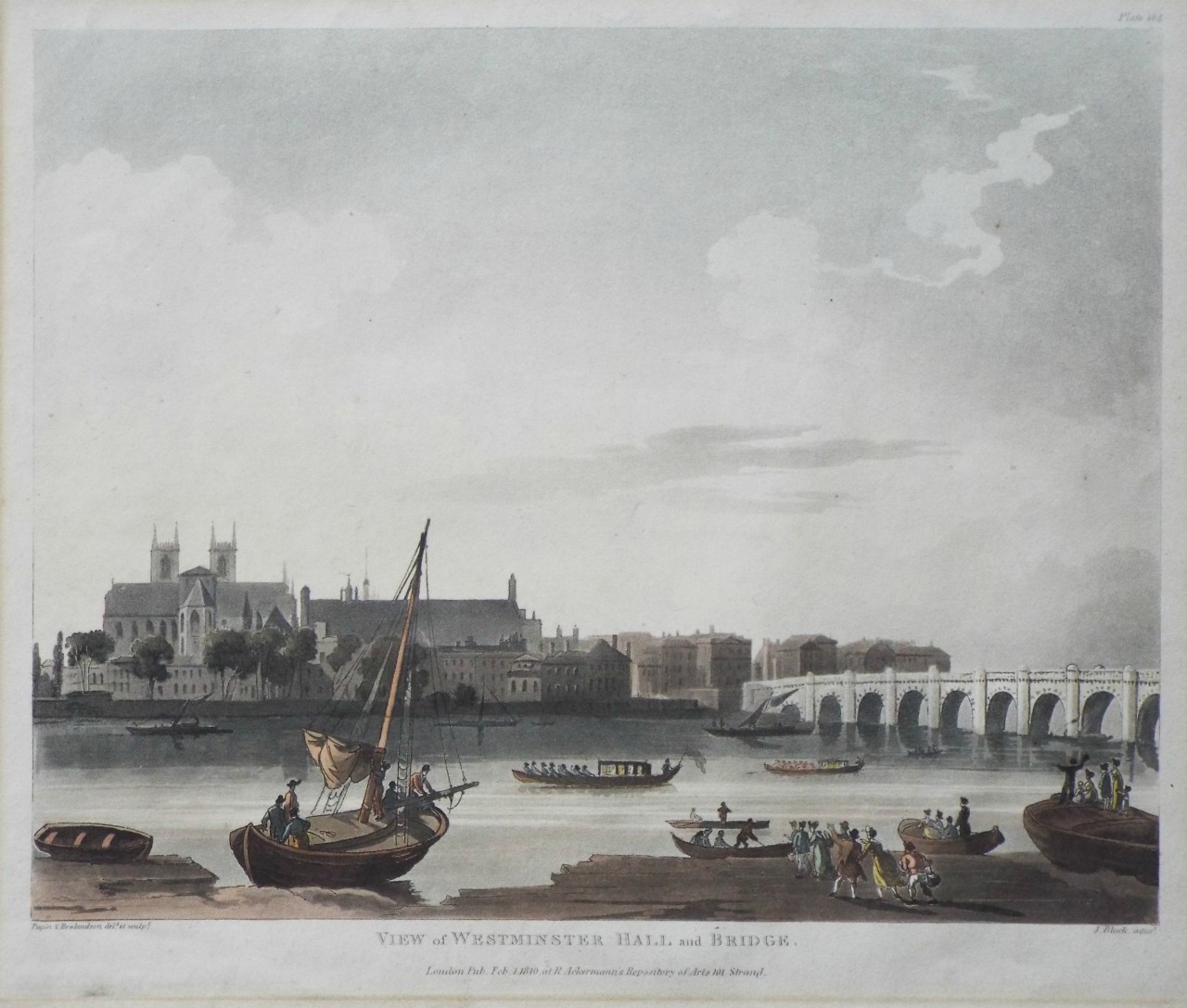 Aquatint - View of Westminster Hall and Bridge. - Bluck