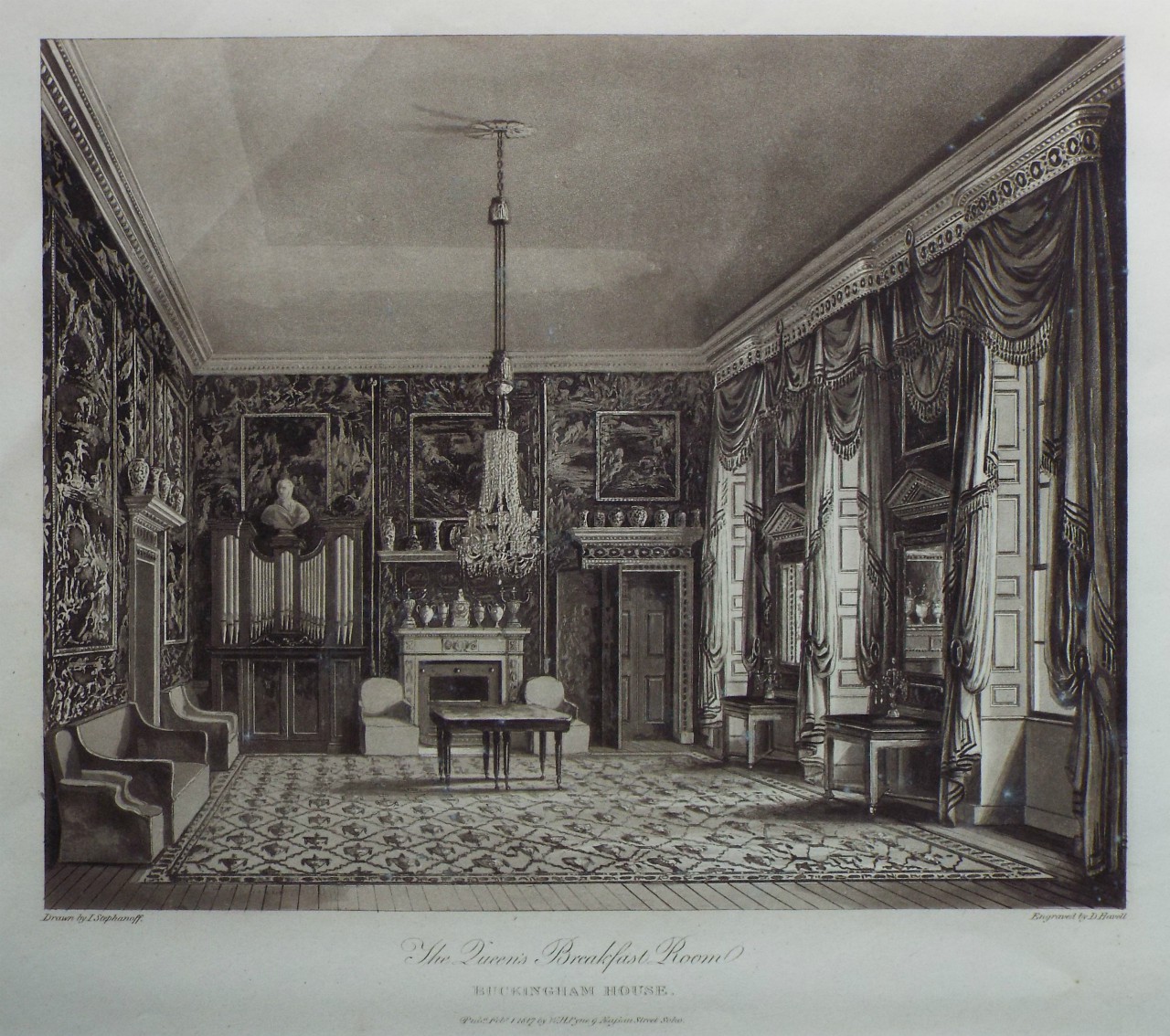 Aquatint - The Queen's Breakfast Room, Buckingham House. - Havell