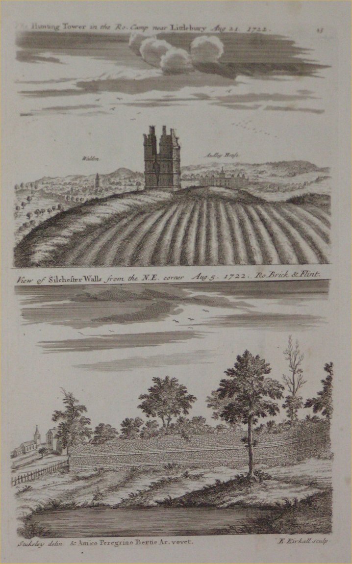 Print - The Hunting Tower in the Ro. Camp near Littlebury Aug 21 1722. View of Silchester Walls from the N.E. corner Aug 5 1722 - Kirkall