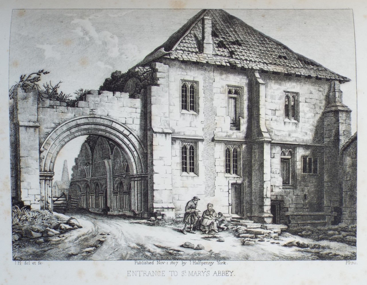 Etching - Entrance to St. Mary's Abbey. - Halfpenny