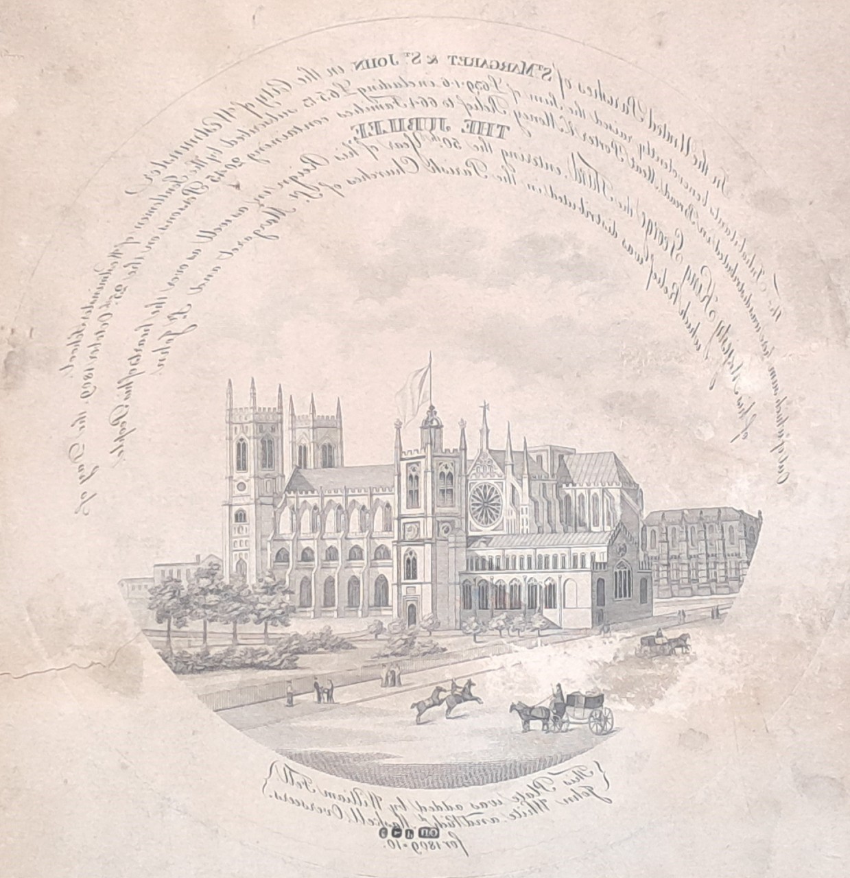 Print - In the United Parishes of St. Margaret & St. John in the City of Westminster.
The inhabitants benevolently raised the sum of £639.1.6 including £65.13 subscribed by the Gentlemen of Westminster School.
Out of which sum here was distributed in Bread, Meat, Porter & Money Relief to 664 Families containing 2045 Persons on the 25th October 1809, the Day of
of which relief was distributed in the Parish Churches of St. Margaret and St. John.
 
This Plate was added by William Fell, John White, and Richd. Maskell, Overseers. for 1809-10.
