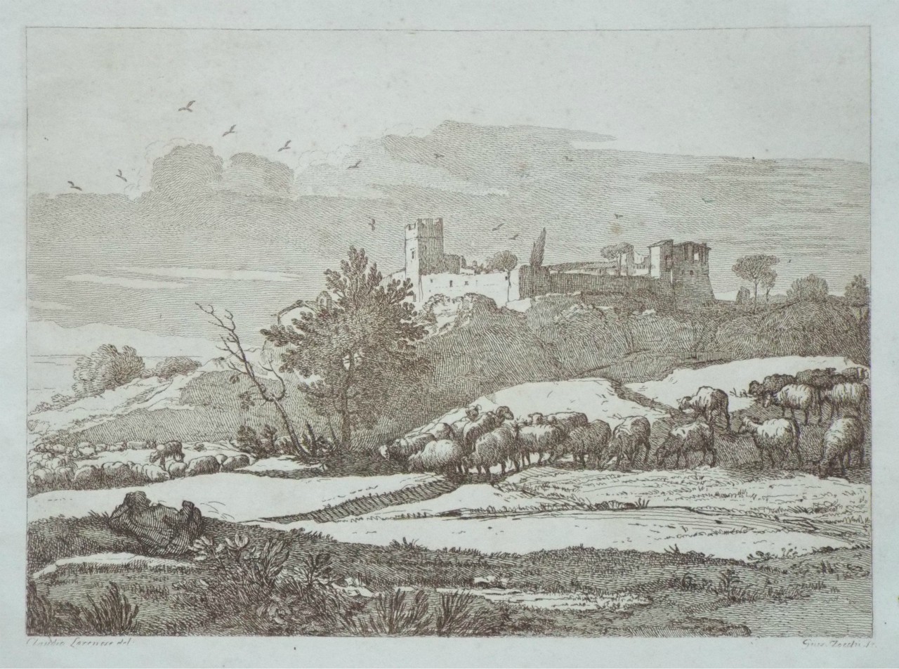 Etching - Arcadian landscape with shepherd and flock of sheep - Zocchi