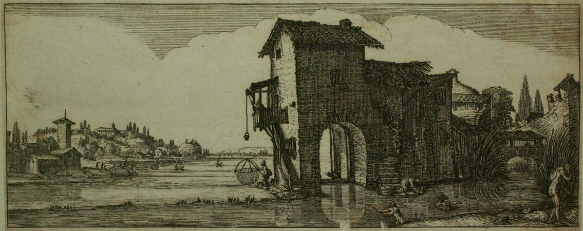 Etching - (Lake landscape scene with buildings, fishermen etc)