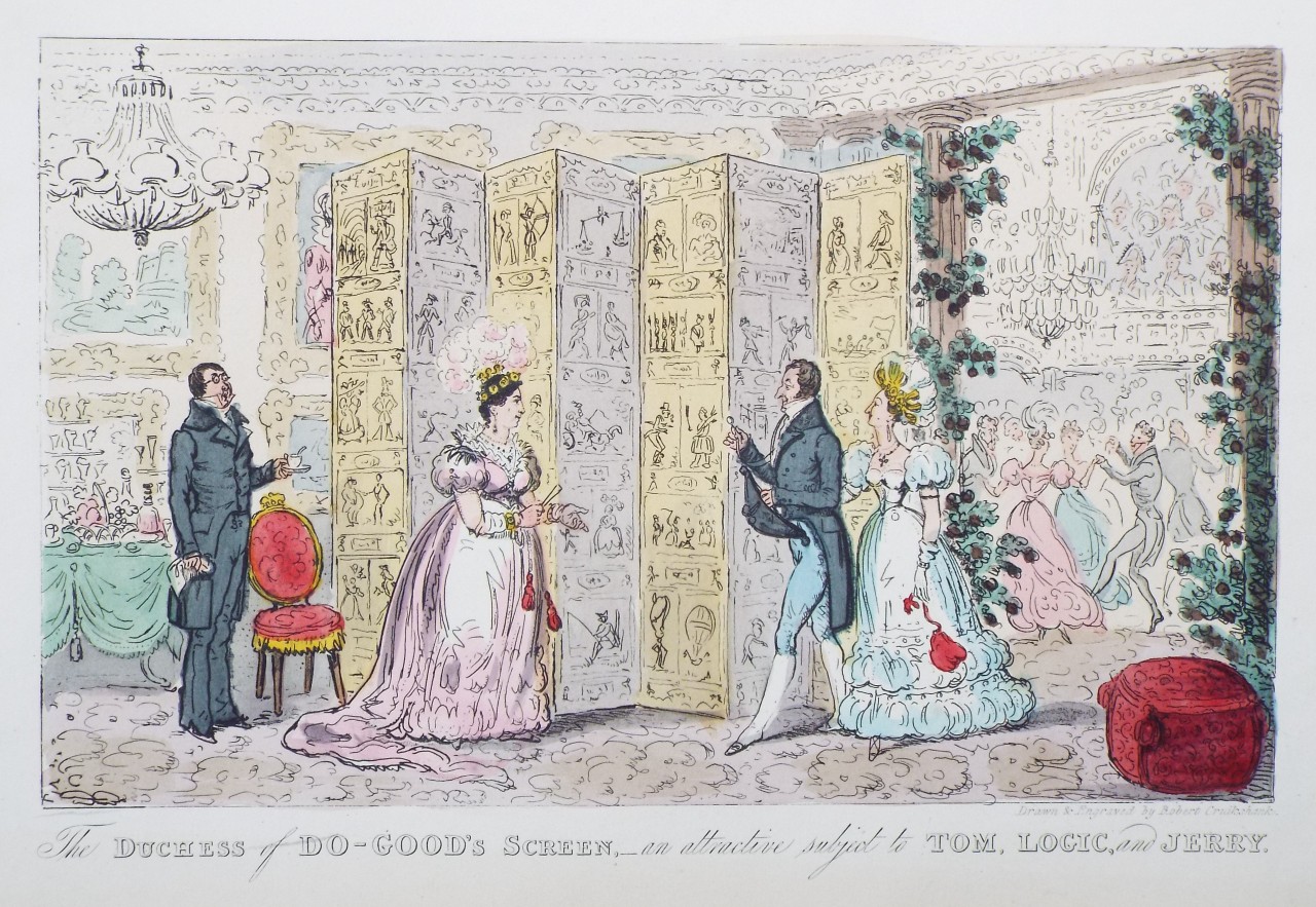 Aquatint - The Duchess of D-Good's Screen. an attractive subject to Tom, Logic and Jerry. - Cruikshank