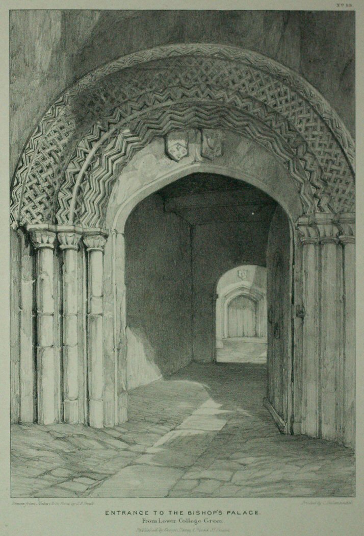 Lithograph - Entrance to the Bishop's Palace. From Lower College Green - Prout