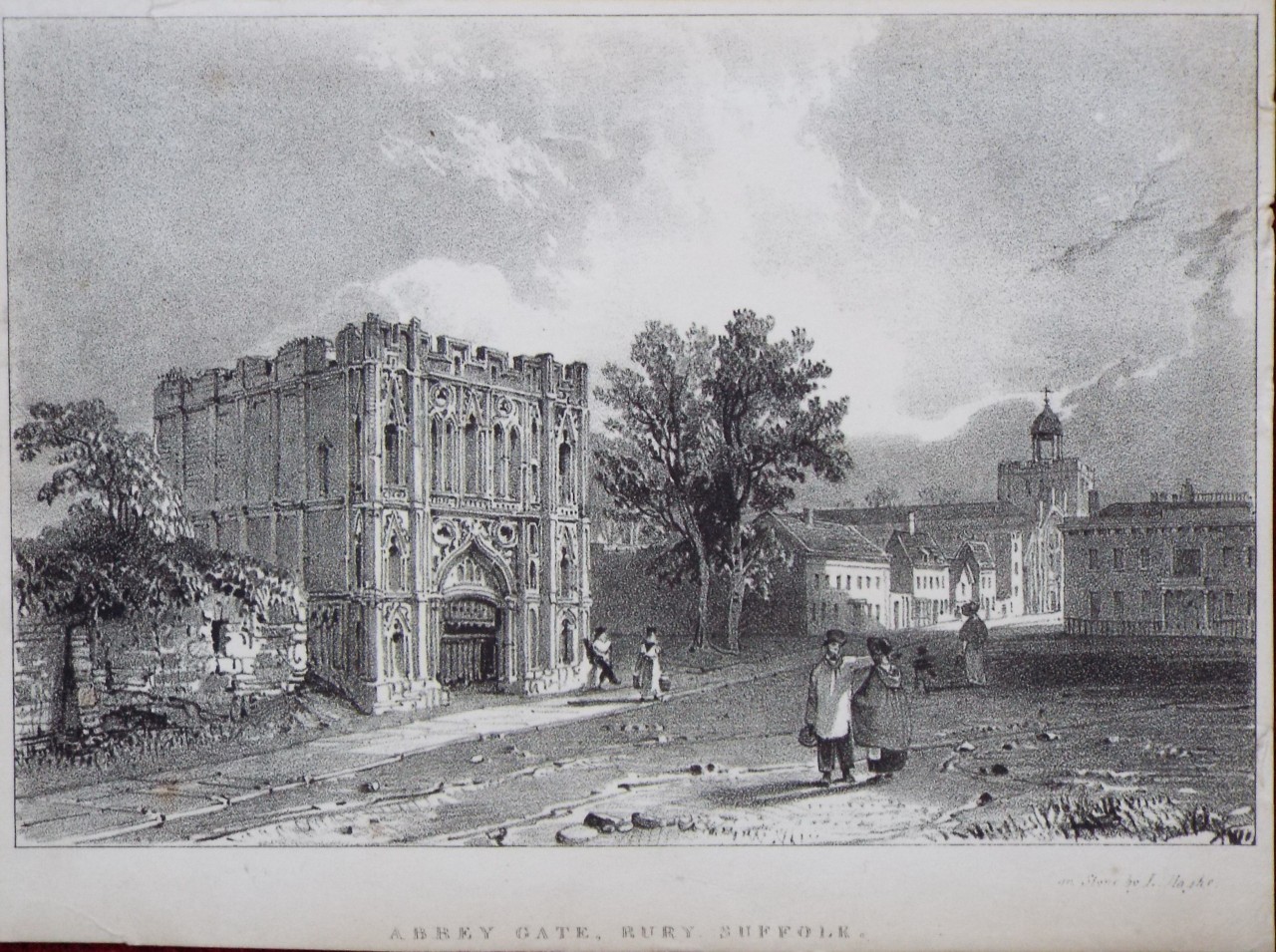 Lithograph - Abbey Gate, Bury, Suffolk. - Haghe