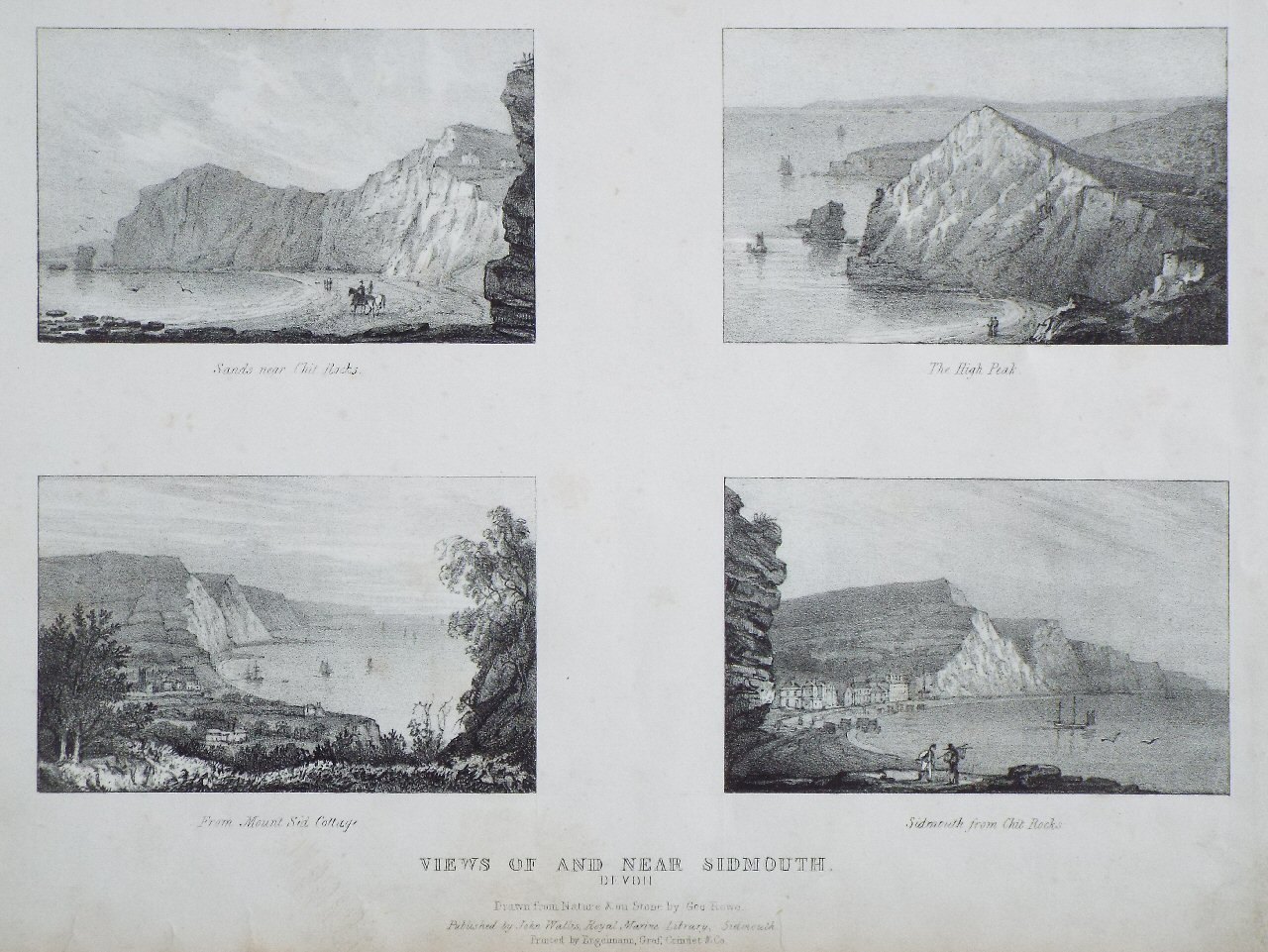 Lithograph - Views of and near Sidmouth, Devon. Sands with Chit Rocks, The High Peak, From Mount Sid Cottage, Sidmouth from Chit Rocks - Rowe