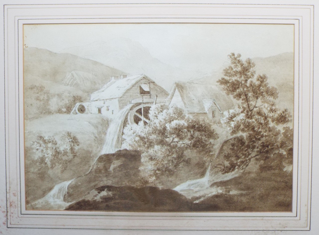 Ink and watercolour drawing - Water mill in a mountainous landscape