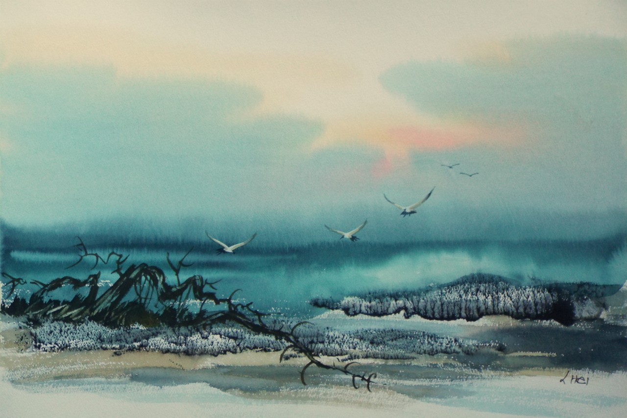 Watercolour - Oriental coastal landscape