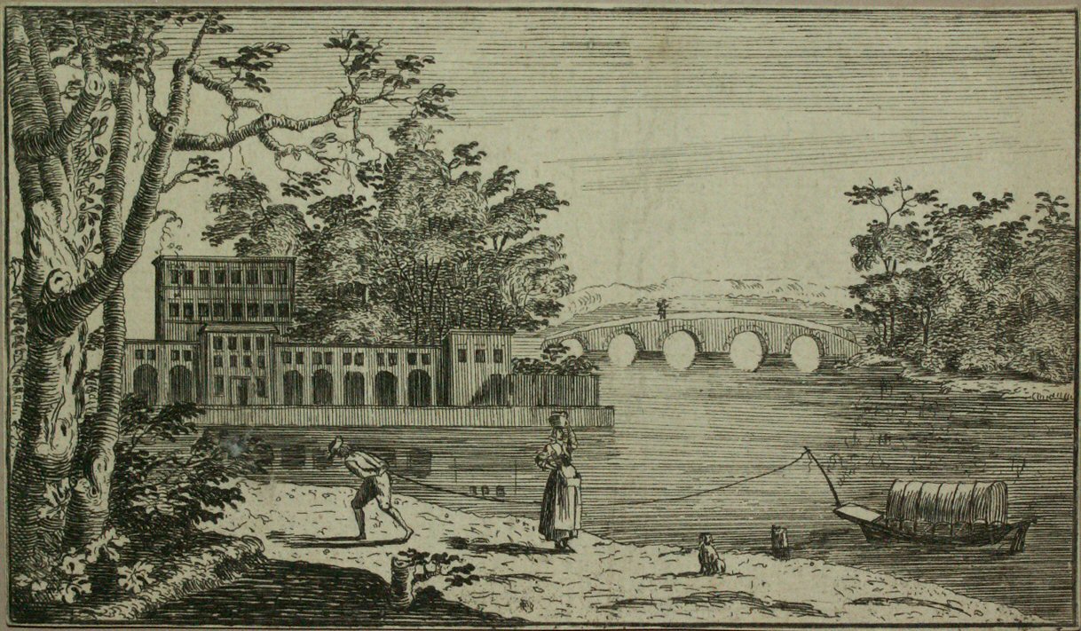 Etching - (River landscape with large villa and bridge of 4 arches)