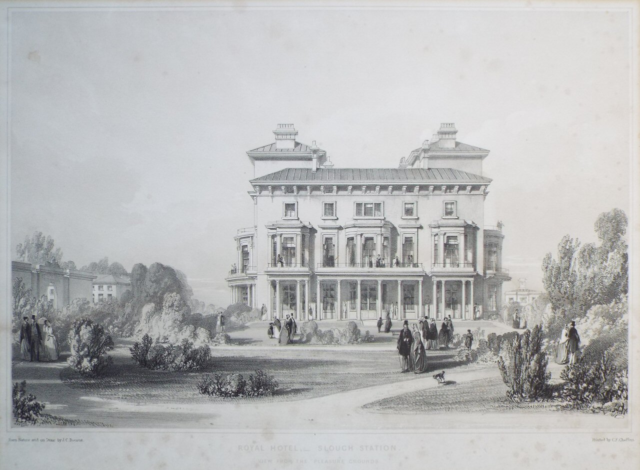 Lithograph - Royal Hotel, - Slough Station. View from the Pleasure Grounds. - Bourne