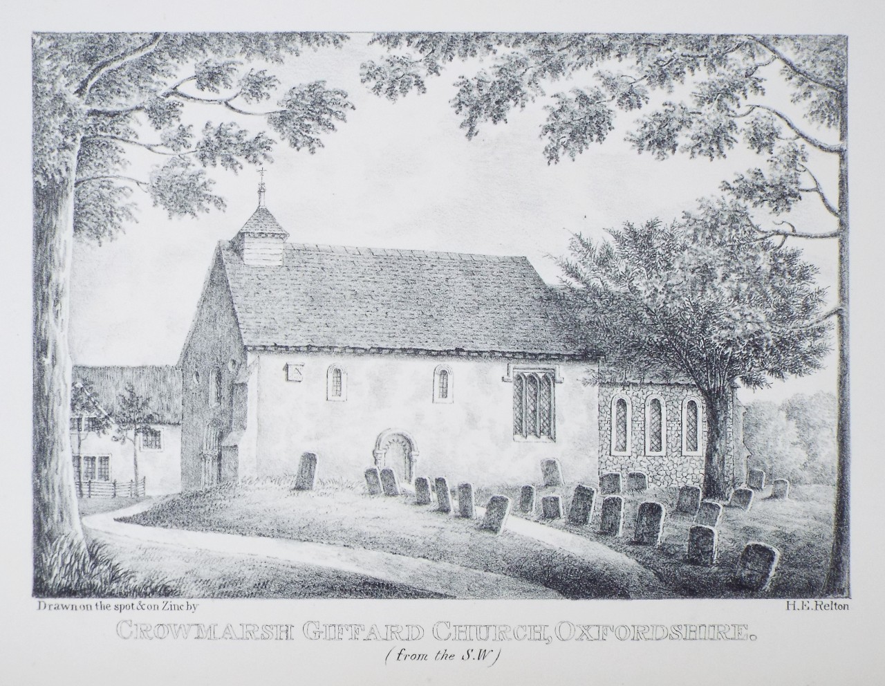 Zinc Lithograph - Crowmarsh Giffard Church, Oxfordshire. (from the S.W) - Relton