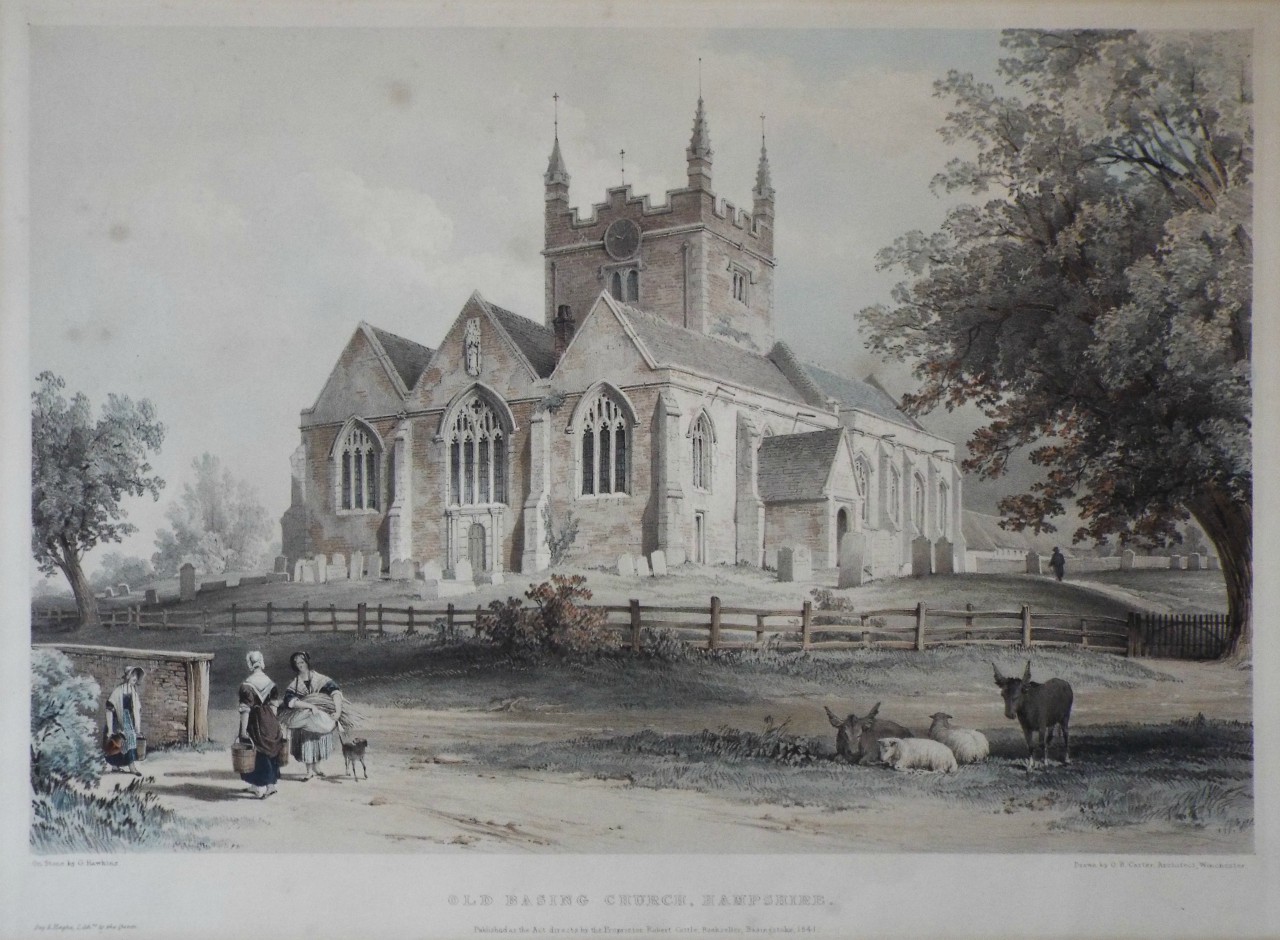 Lithograph - Old Basing Church, Hampshire. - Hawkins