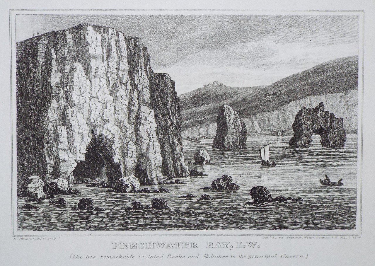 Print - Freshwater Bay, I.W. (The two remarkable isolated Rocks and Entrance to the principal Cavern.) - Brannon