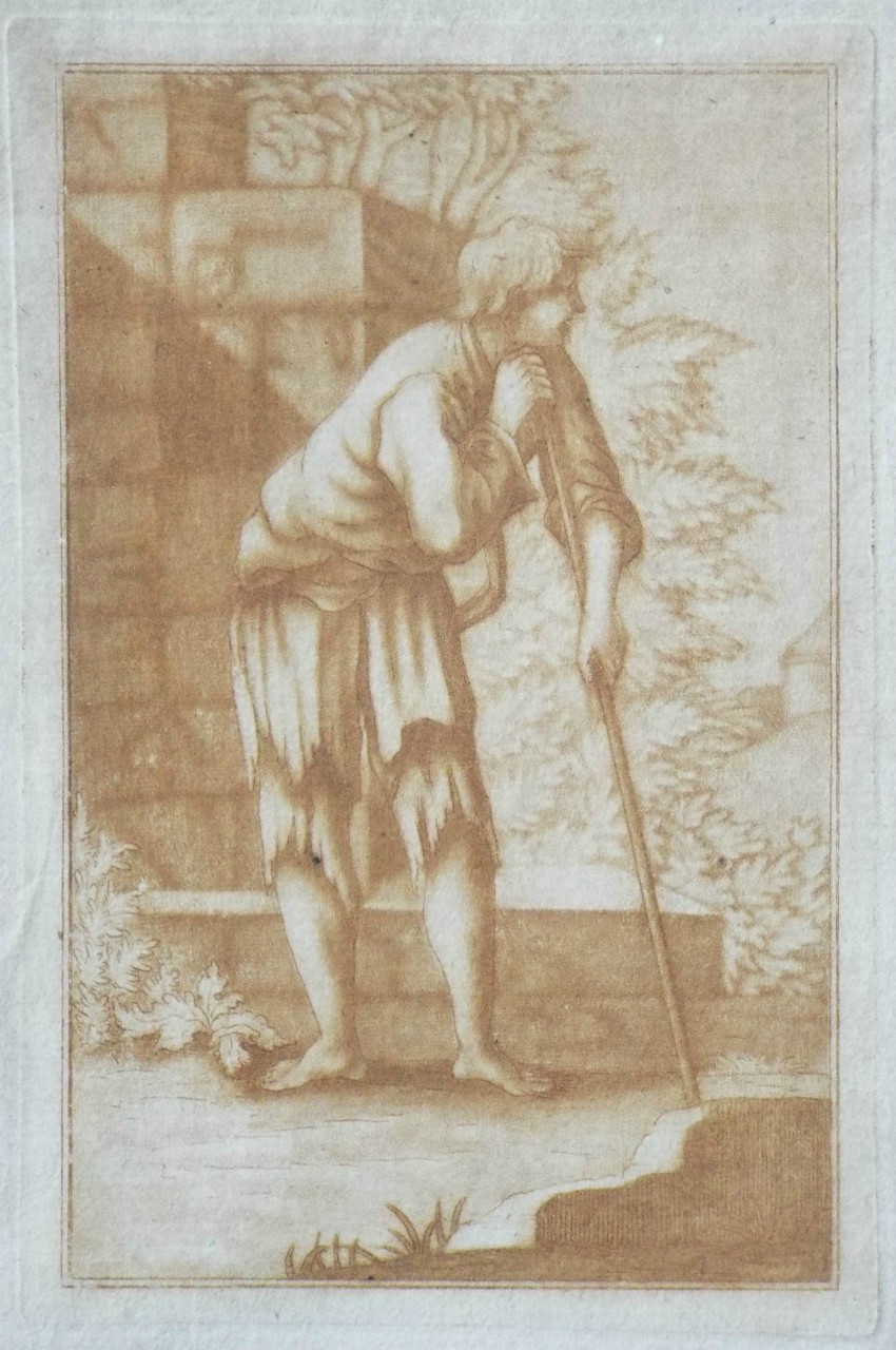 Mezzotint - Male figure leaning on a stick
