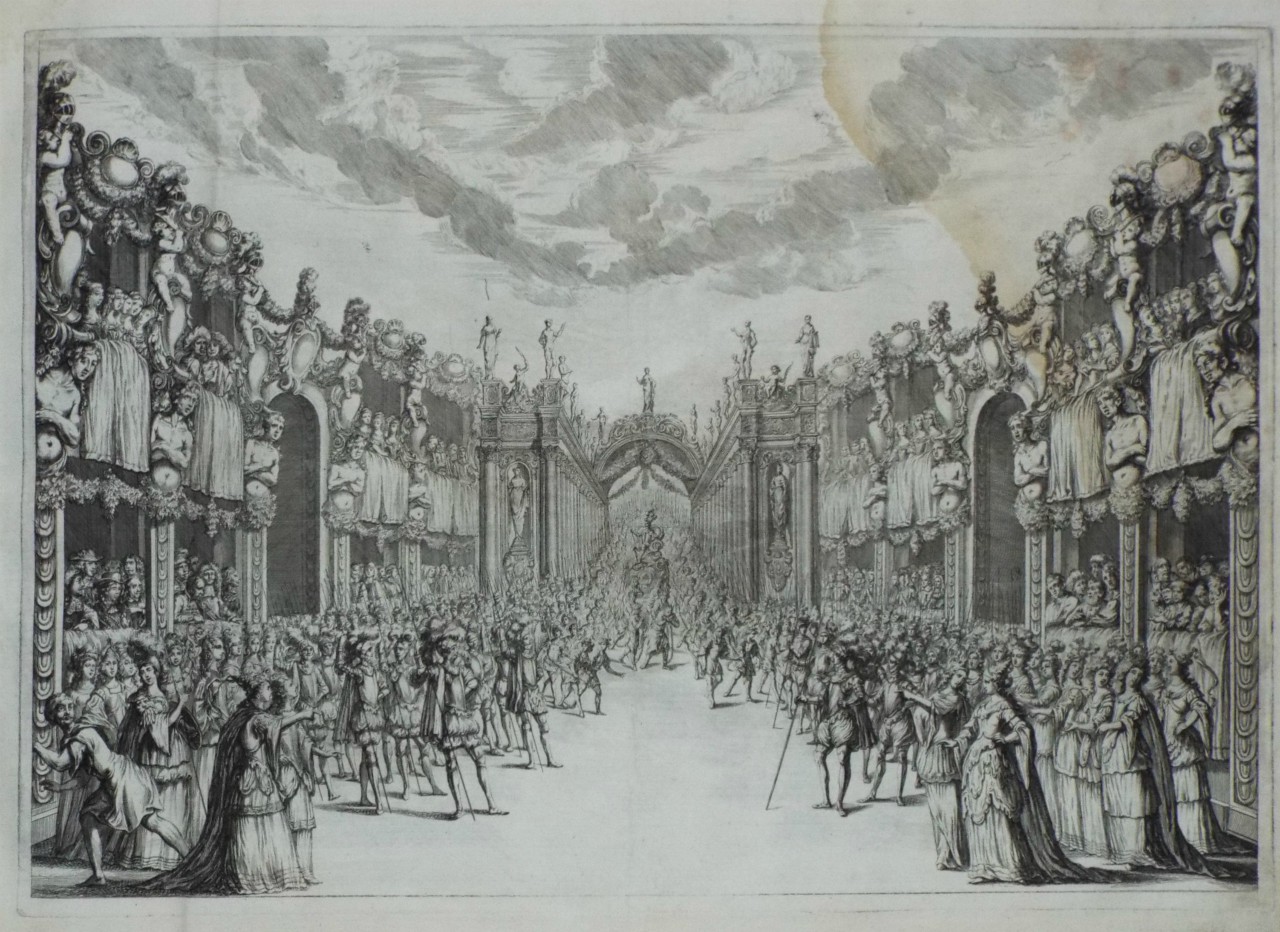 Etching - Stage Design for La Monarchia Latina Tronfante - Street gathering with entrance of a royal figure - Kusel