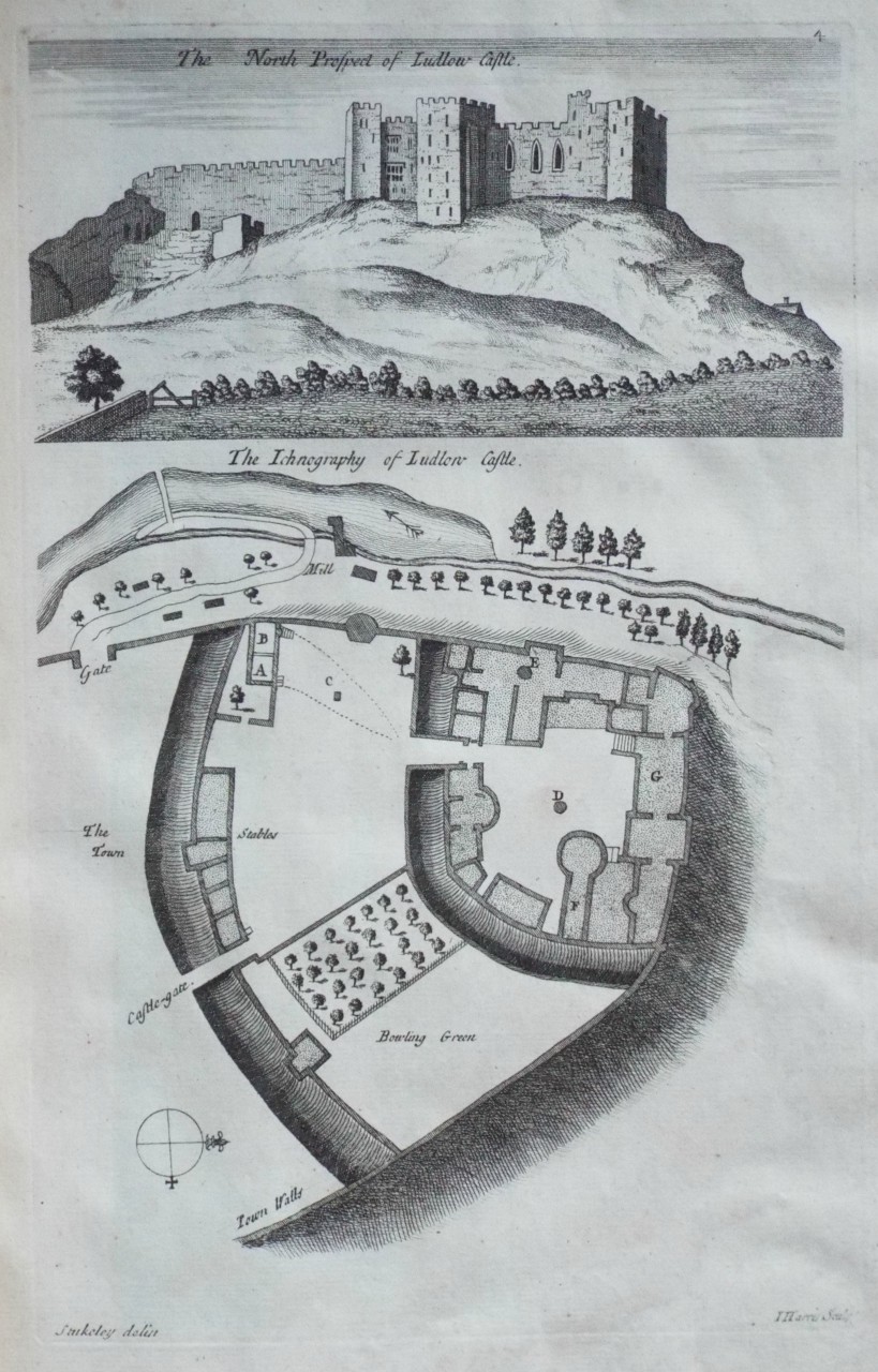 Print - The North Prospect of Ludlow Castle. The Ichnography of Ludlow Castle. - Harris