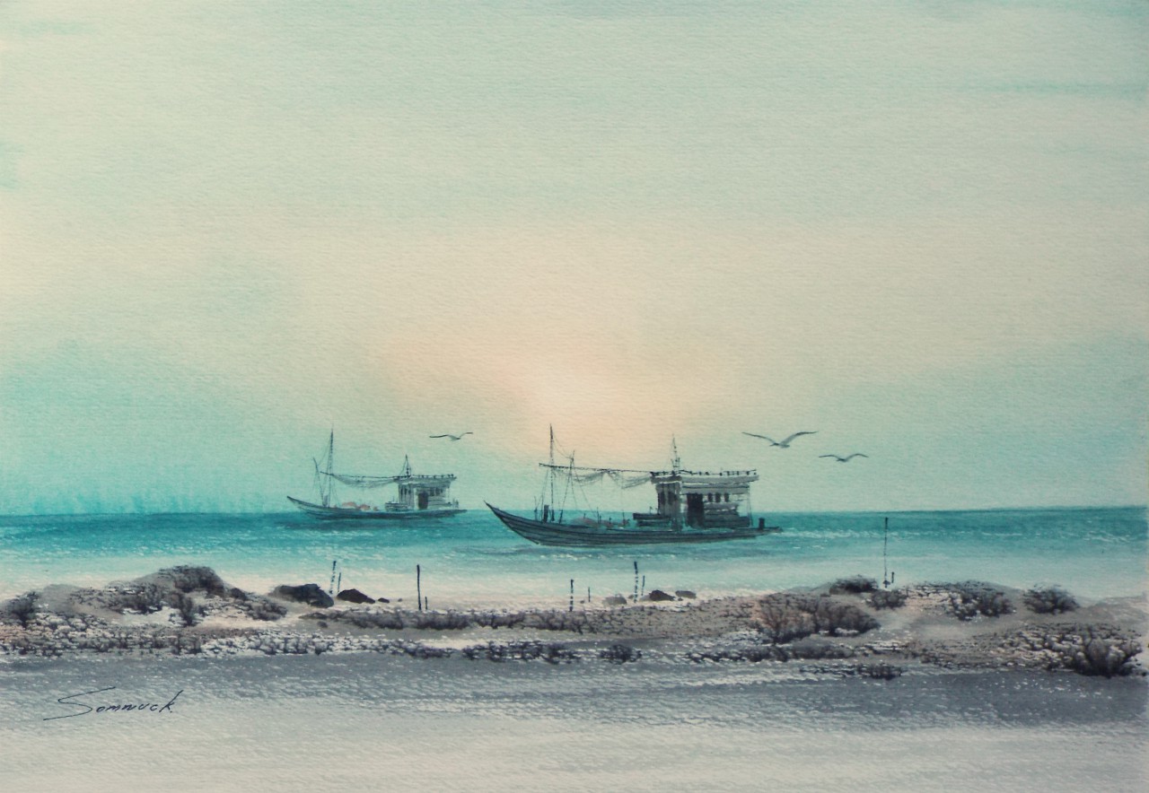 Watercolour - Oriental coastal landscape