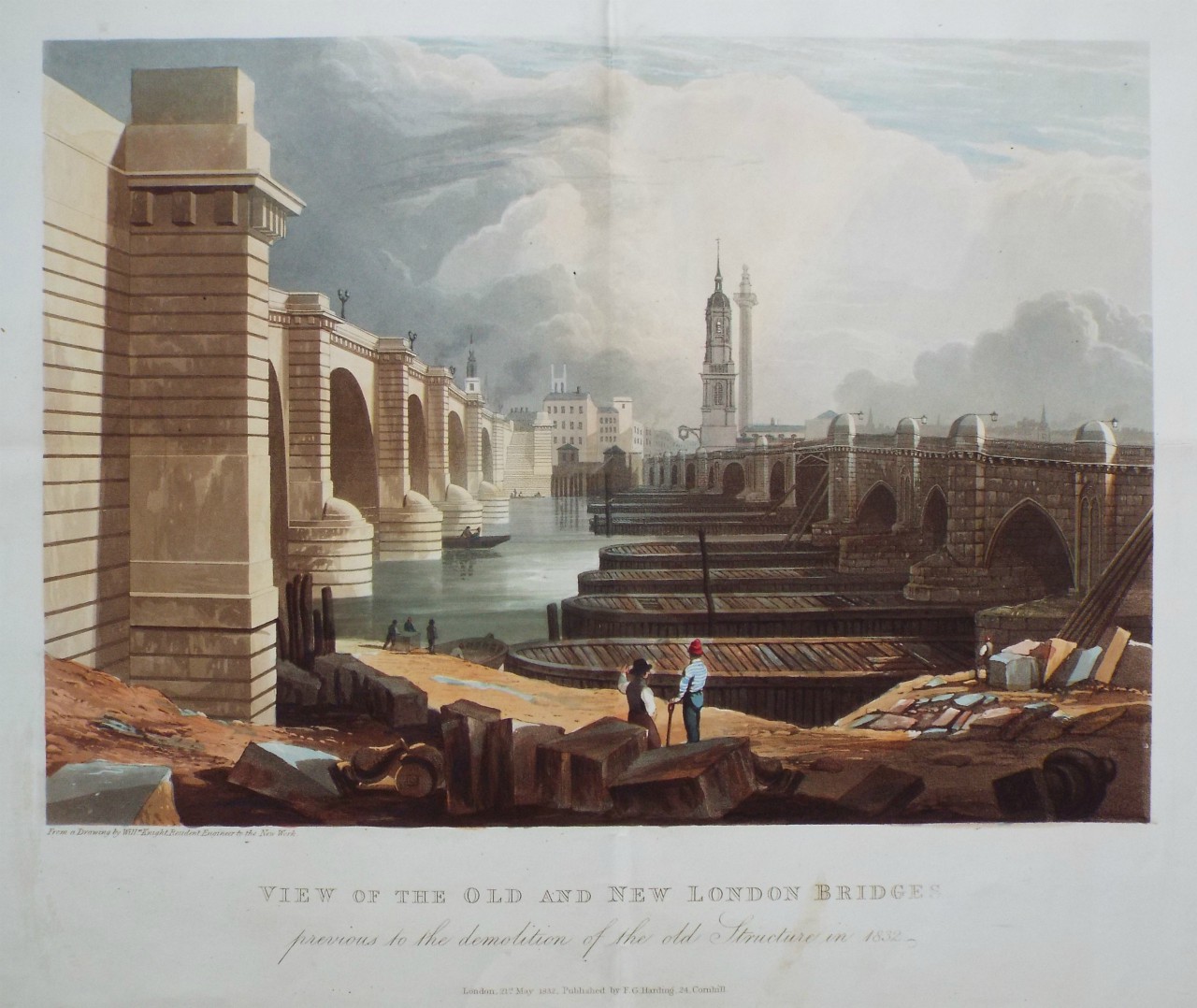 Aquatint - View of the Old and New London Bridges