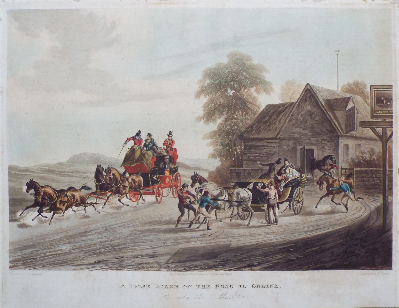 Aquatint - A False Alarm on the Road to Gretna. 'tis only the Mail. - Reeves