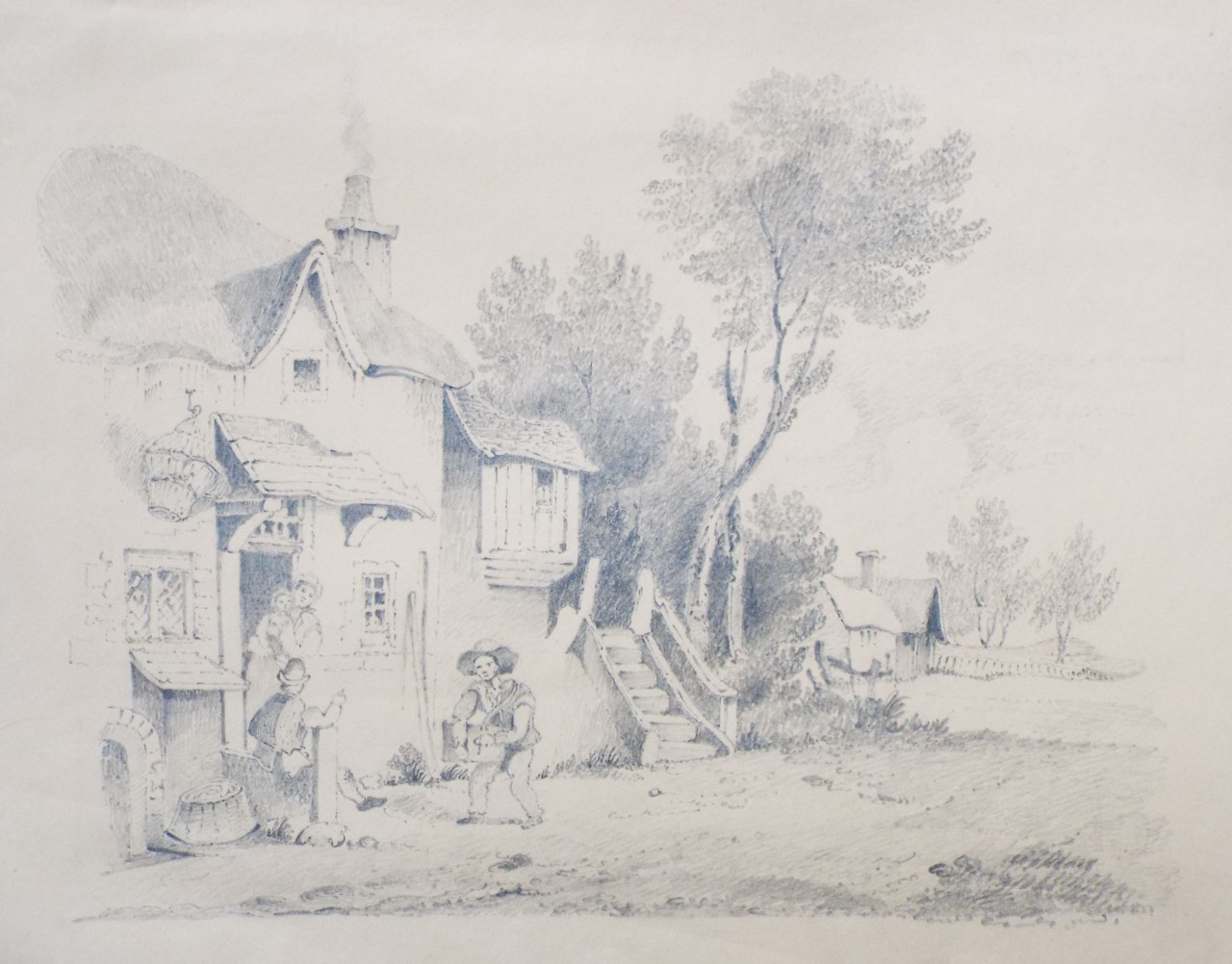 Pencil drawing - Cottage door scene with pedler