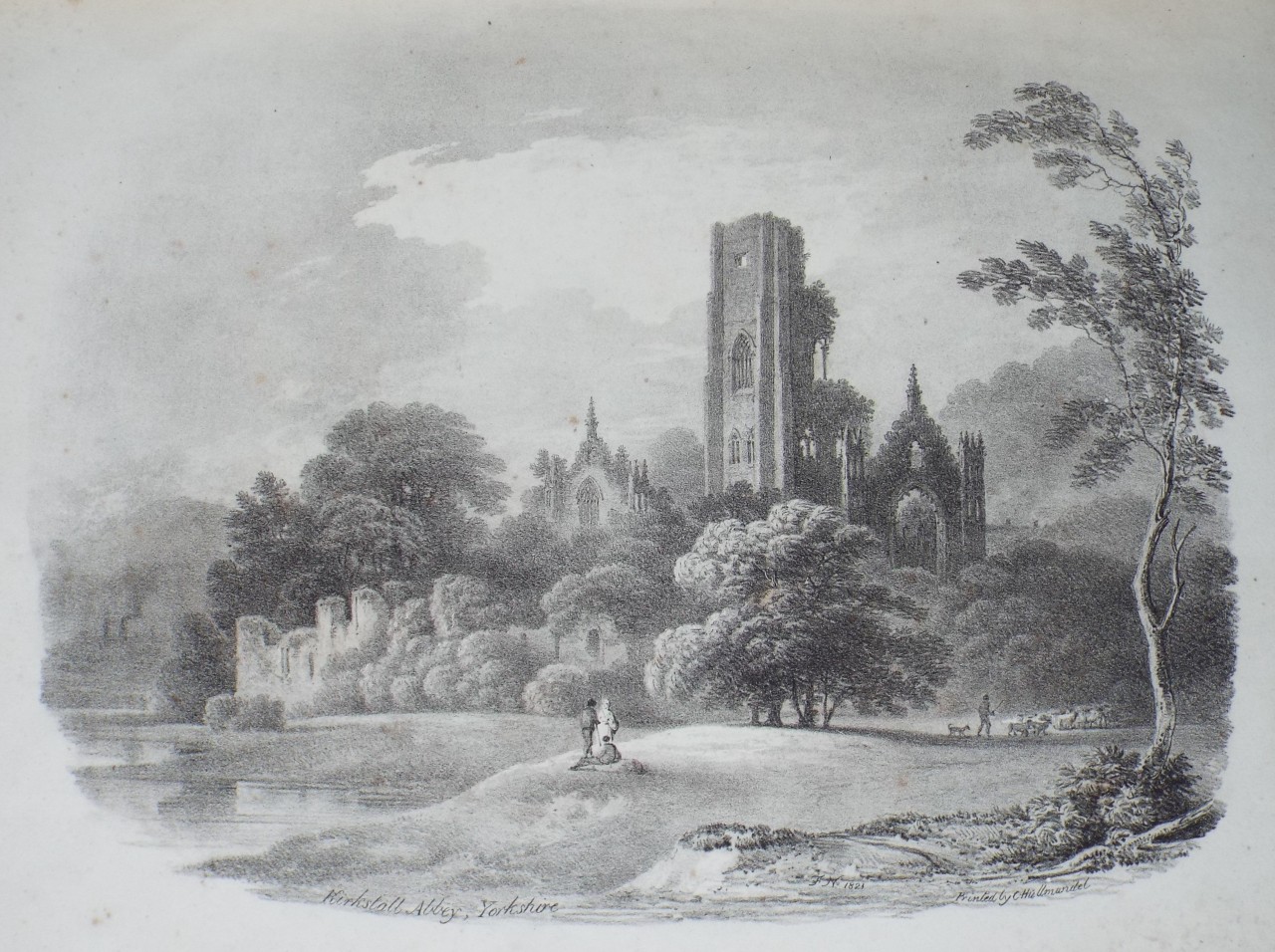 Lithograph - Kirkstall Abbey, Yorkshire. - Nicholson