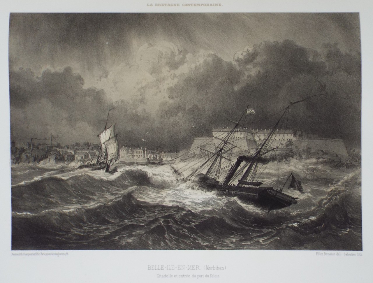 Lithograph - Belle-Ile-en-Mer. (Morbihan) Citadelle et entree du port du Palais. - 