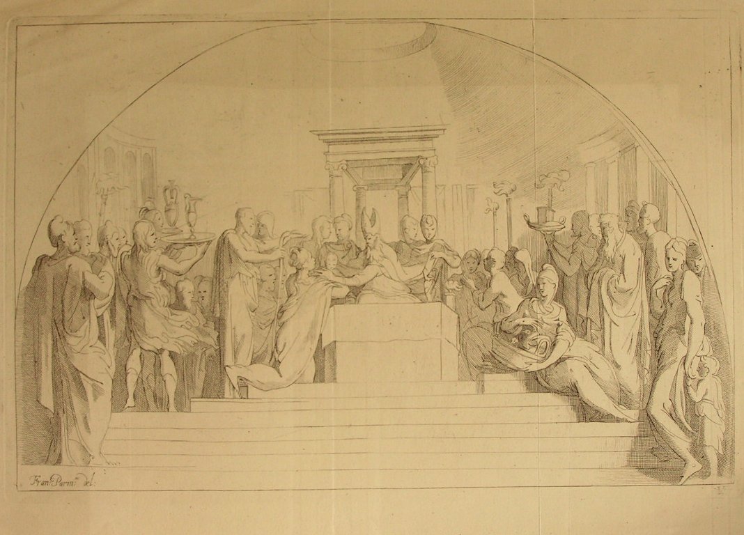 Etching - (Pope? on raised throne with numerous figures in attendance)