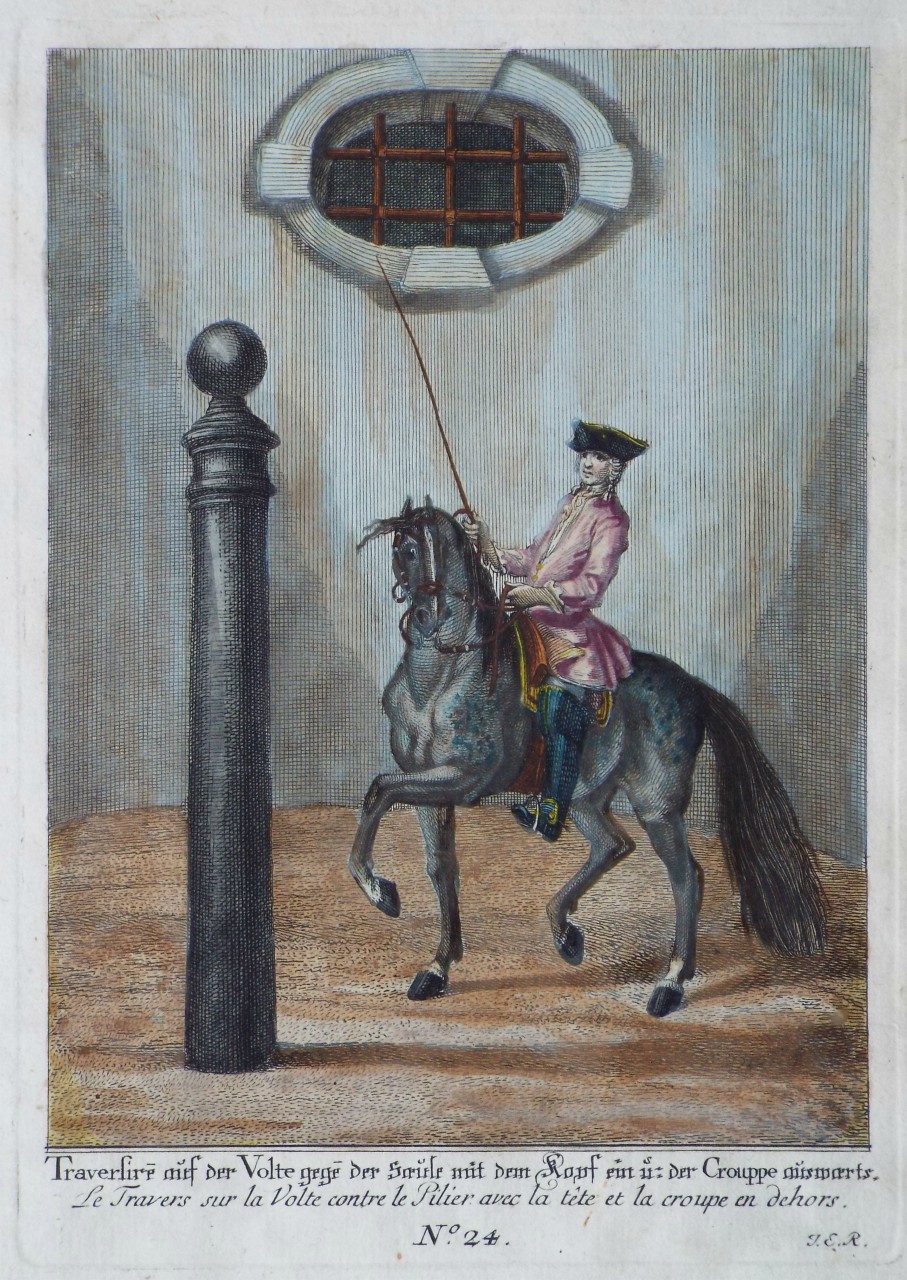 Print - Traversire mif der Volte der Soeile mit dem Hoof ein is der Grouppe miswerts.
Le Travers sur la Volte contre lePilier avec la tete et la croupe en dehors. No. 24. - Ridinger