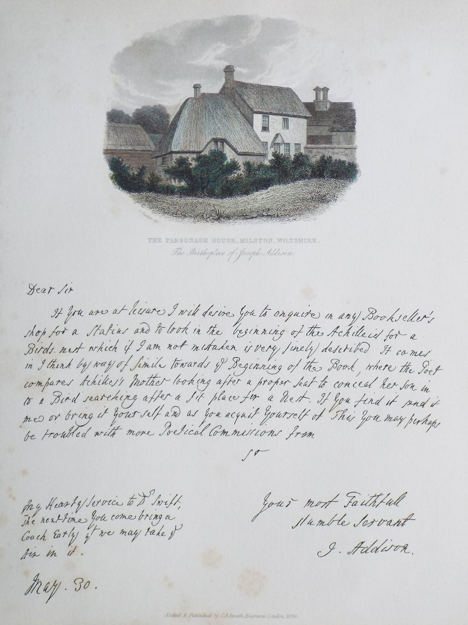 Print - The Parsonage House, Milston, Wiltshire. The Birth-place of Joseph Addison. - Smith