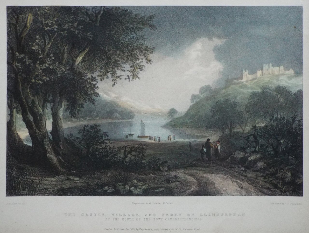 Lithograph - The Castle, Village and Ferry of Llanstephan at the Mouth of the Towy,Caermarthenshire - Templeton